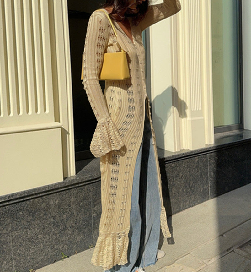 Women's Long Knitted Design Ruffled Idle Style Outer Flared Dress