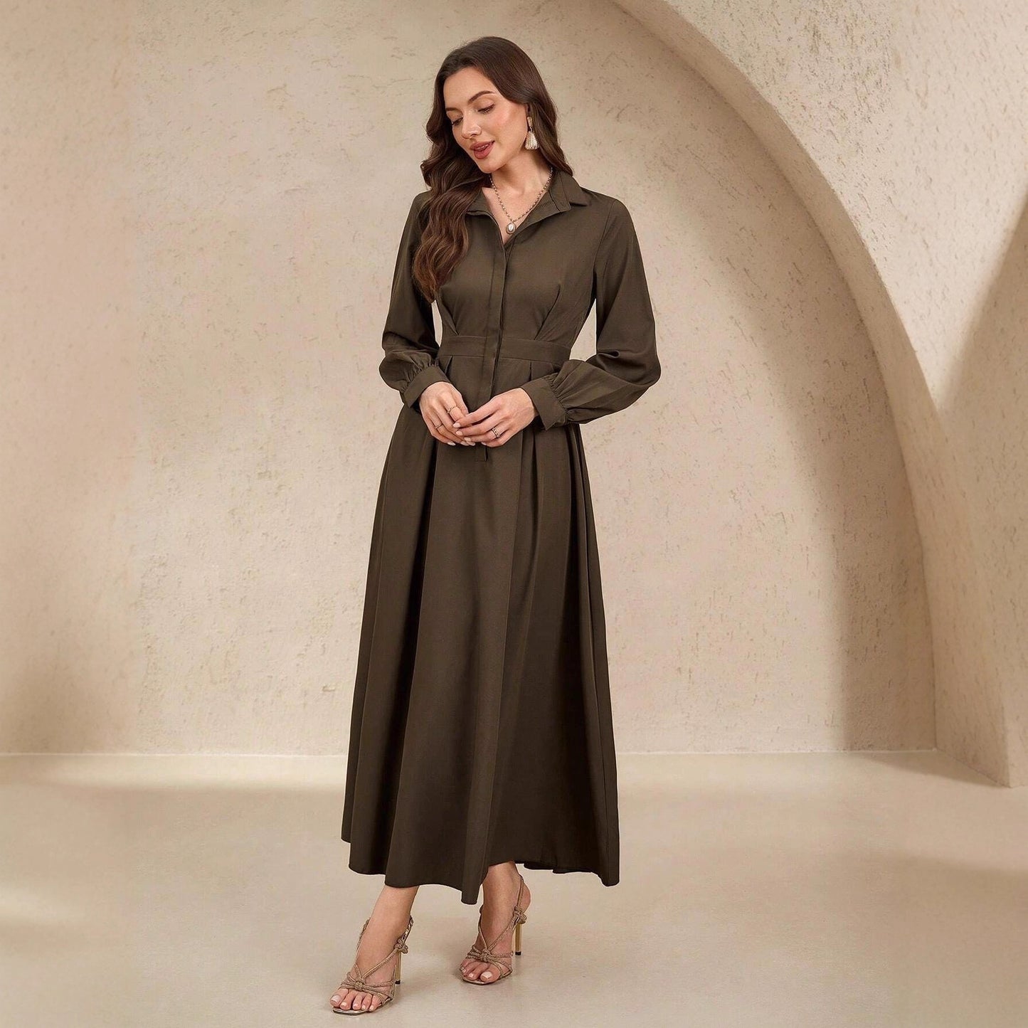 Women's Collar Slimming Solid Color A- Line Dress