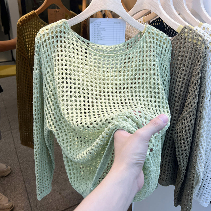Women's Goods Long Sleeve Hollow Knitted Mesh Shirt Smock Outer Tops