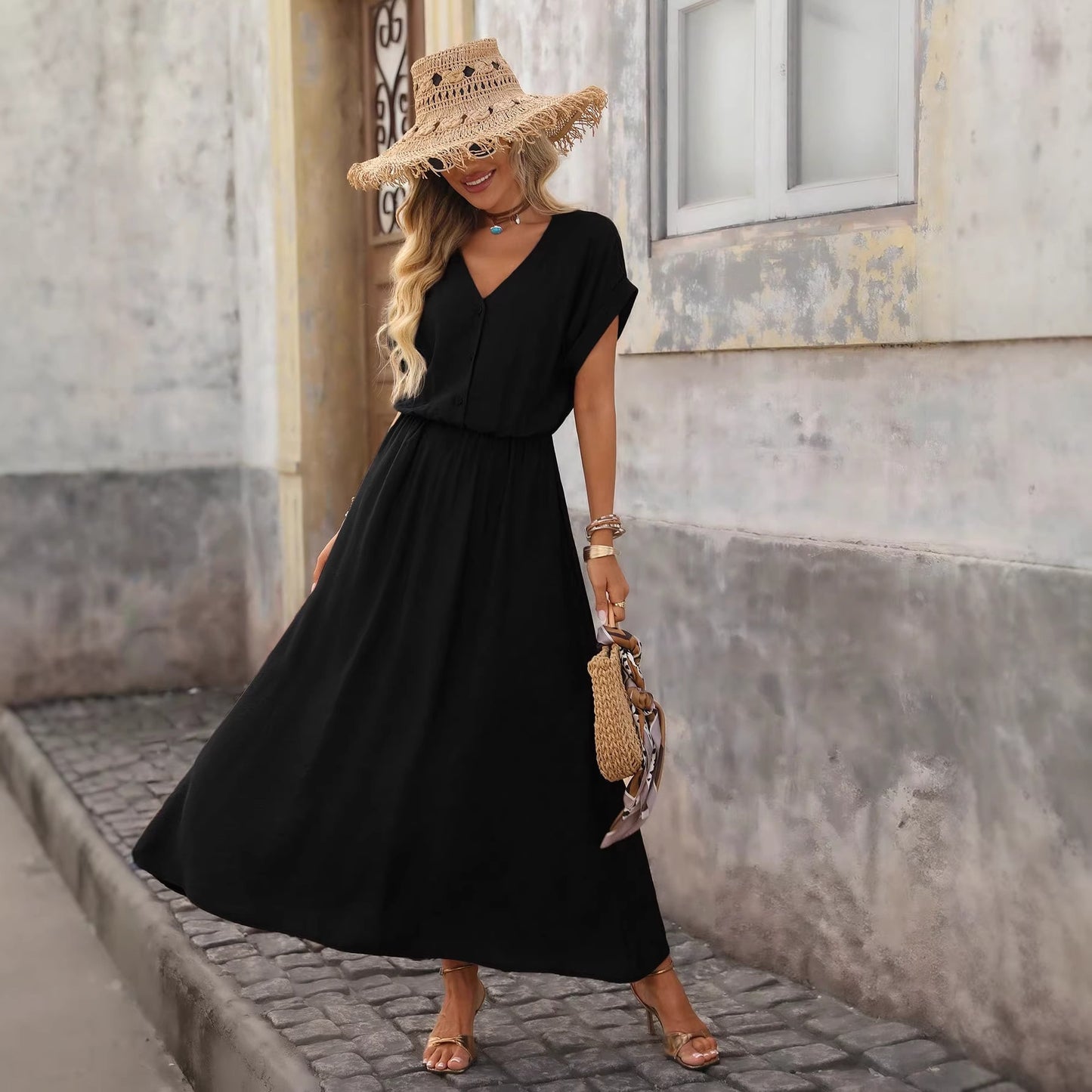 Women's Summer Solid Color Waist Tight Batwing Sleeve Dress