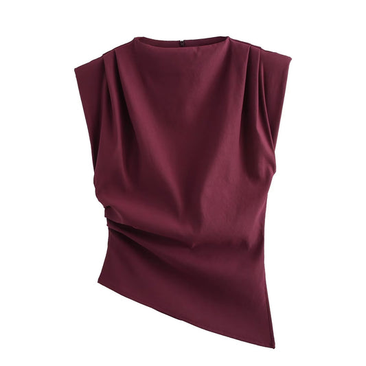 Women's Fashionable Pleated Decorative Padded Shoulder Sleeveless Tops