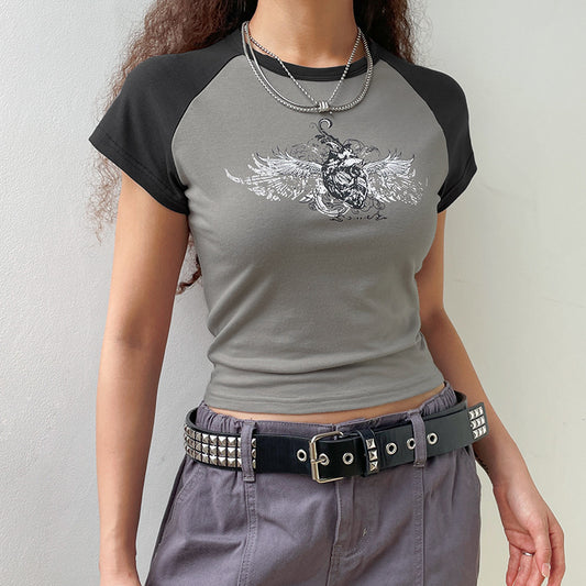 Women's Raglan Sleeve Printed T-shirt Crop Bottoming Round Blouses