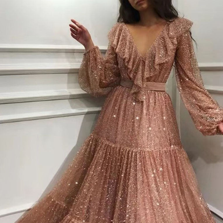 Women's Sexy Long-sleeved Golden Swing Long Dress