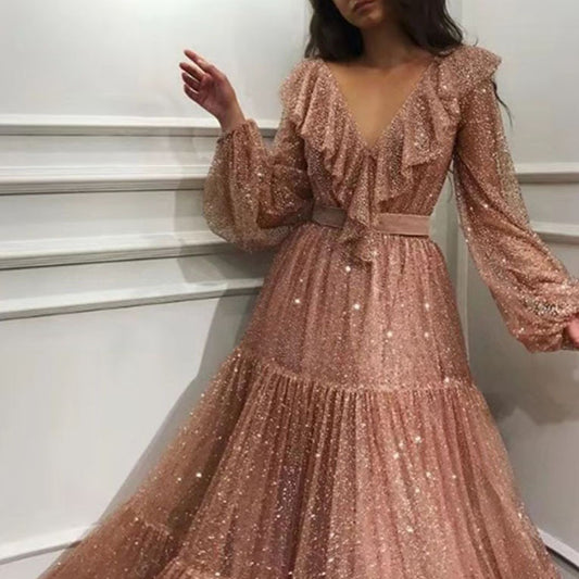 Women's Sexy Long-sleeved Golden Swing Long Dress