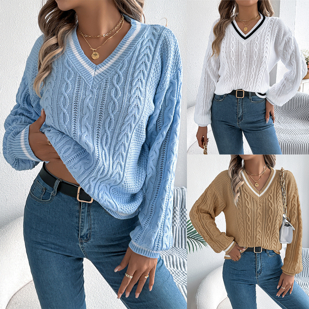 Women's College Style V Neck Twist Lantern Long Sweater