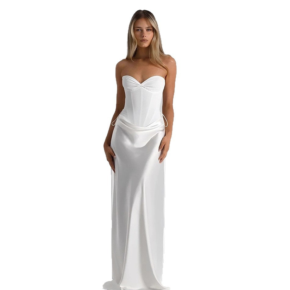 Women's Solid Color Fishbone Waist Slim Drape Ribbon Dress
