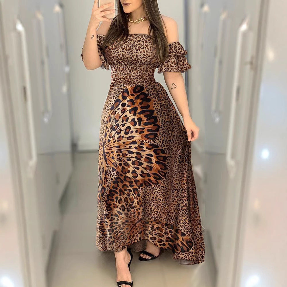 Wrapped Chest Butterfly Print Waist Large Swing Ruffle Dress