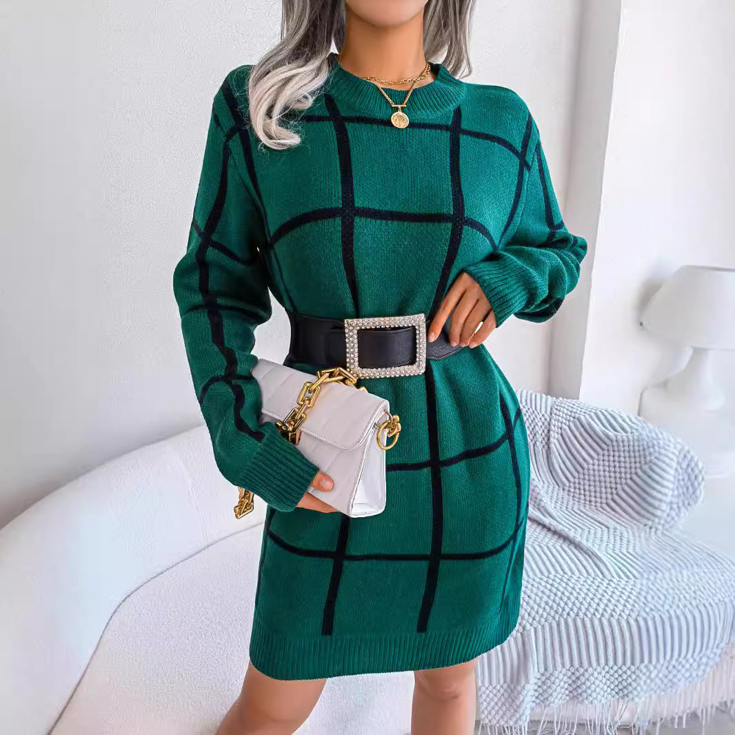 Women's Casual Contrast Color Plaid Long Sleeve Dress