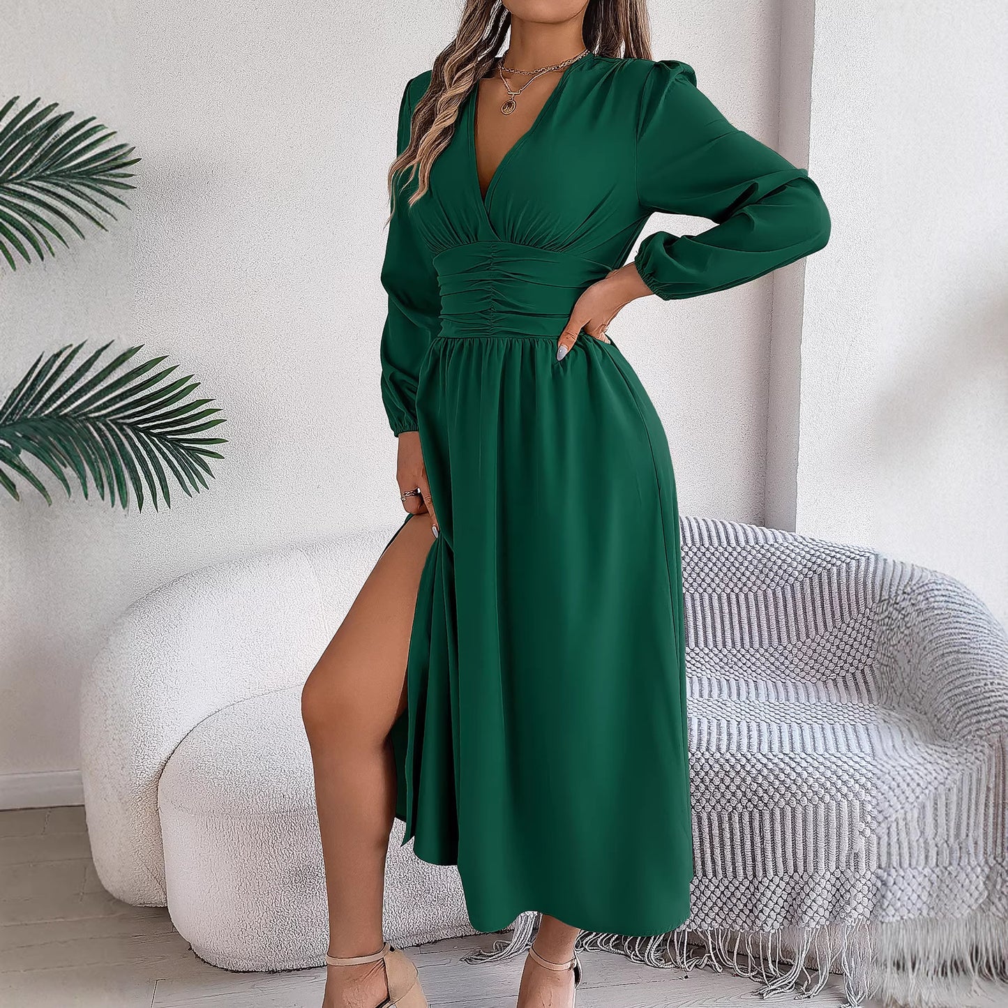 Women's Solid Color Long Sleeve Sexy Slit Dress
