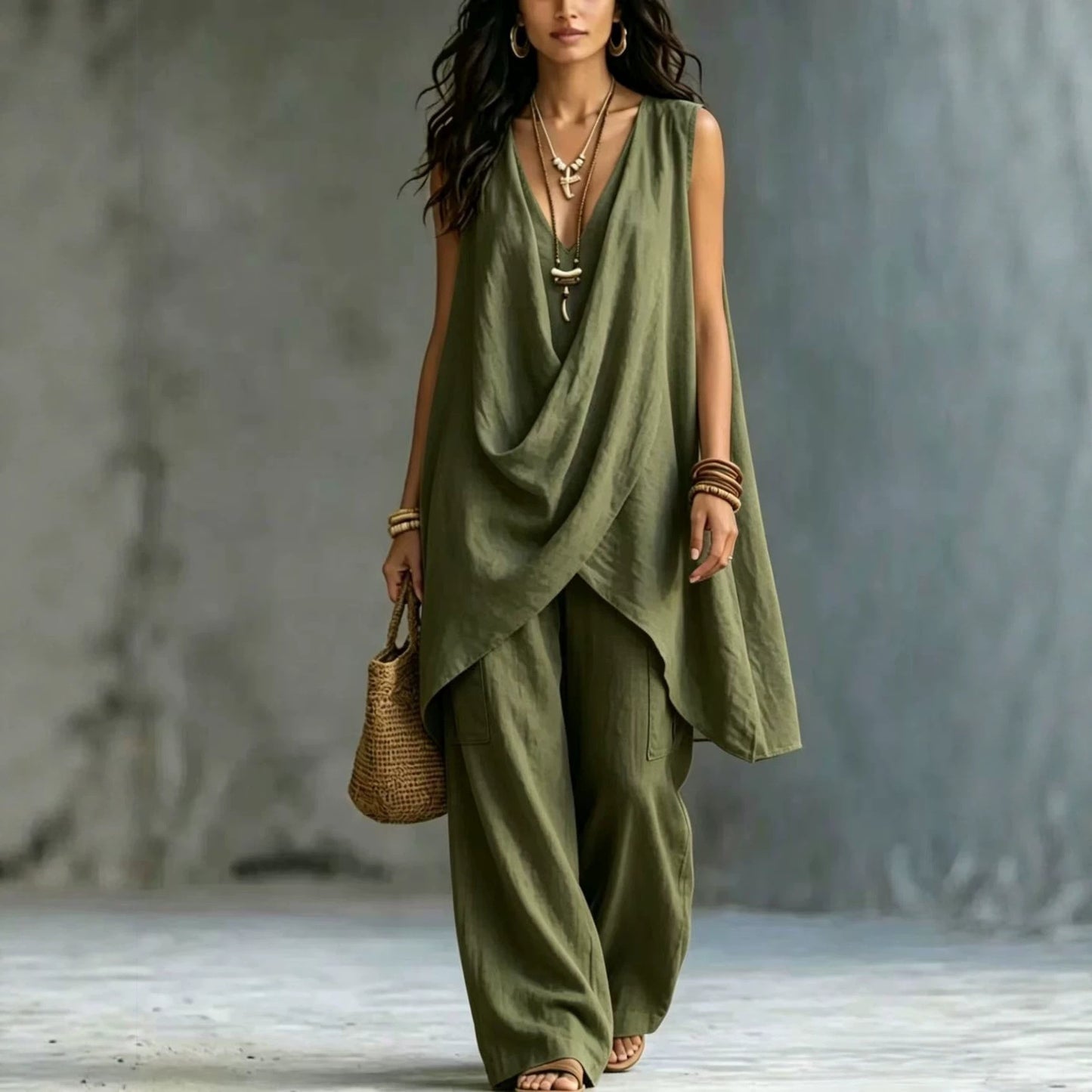 Women's Sleeveless Stand Collar Solid Color Loose Temperament Cotton Fashion Casual Suit