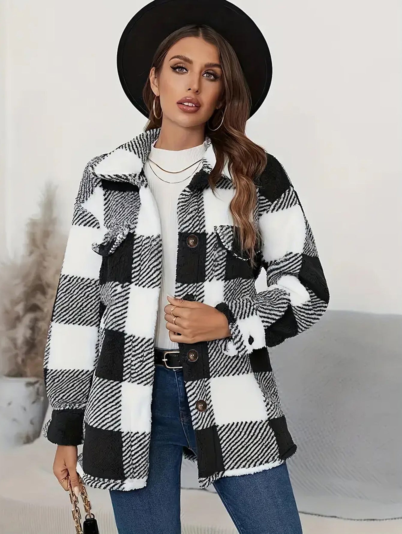 Women's Button Lapel Plush Plaid Loose Casual Coats