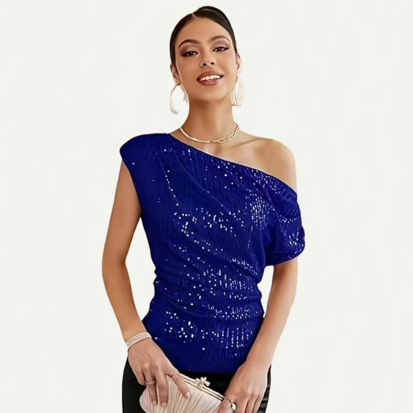 Women's Glitter Sequin Diagonal Collar Sleeve Summer Blouses