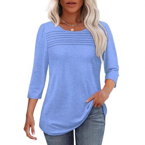 Solid Color Round Neck Long-sleeved Striped Blouses
