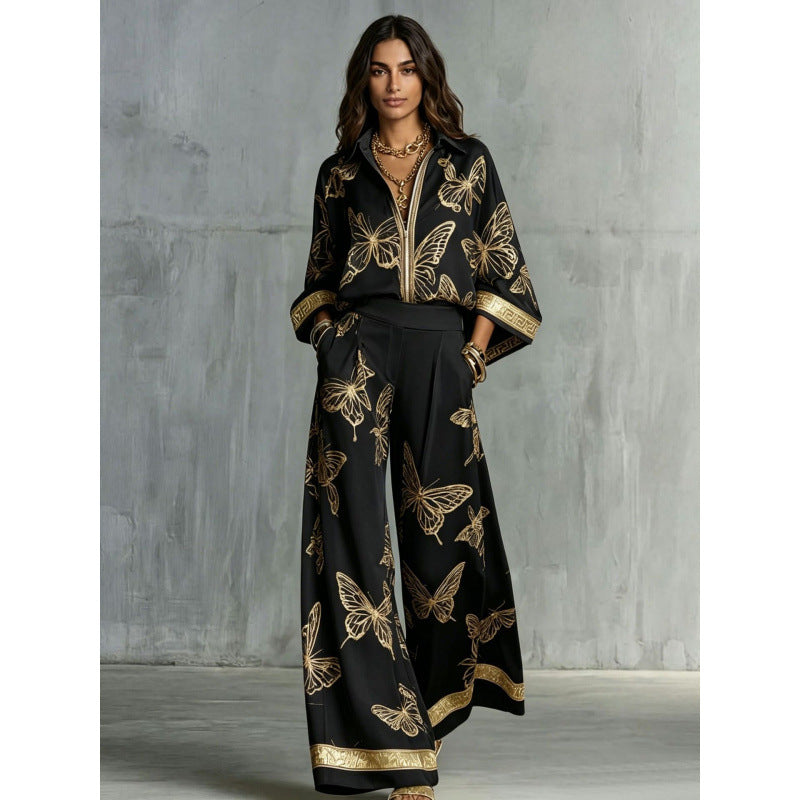 Women's Printed Sexy Deep V Loose Zip Wide Fashion Casual Suit