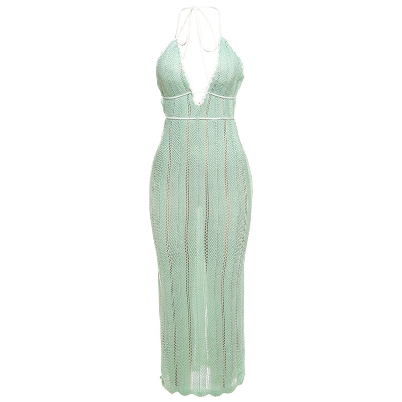 Women's Fashion Color Contrast Halter Backless Knitted Dresses