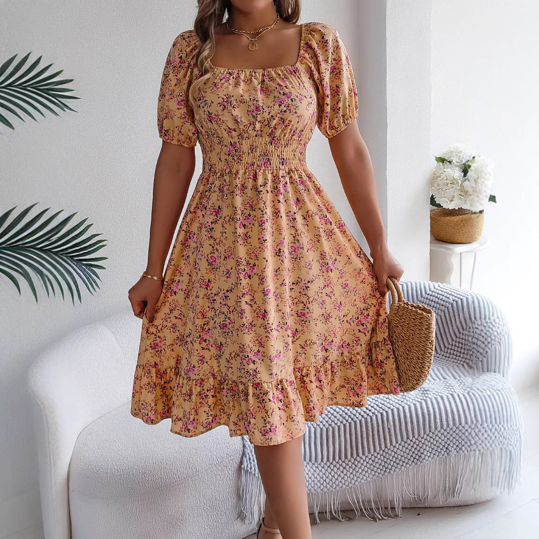 Women's Floral Square Collar Sleeve Ruffled A- Dresses