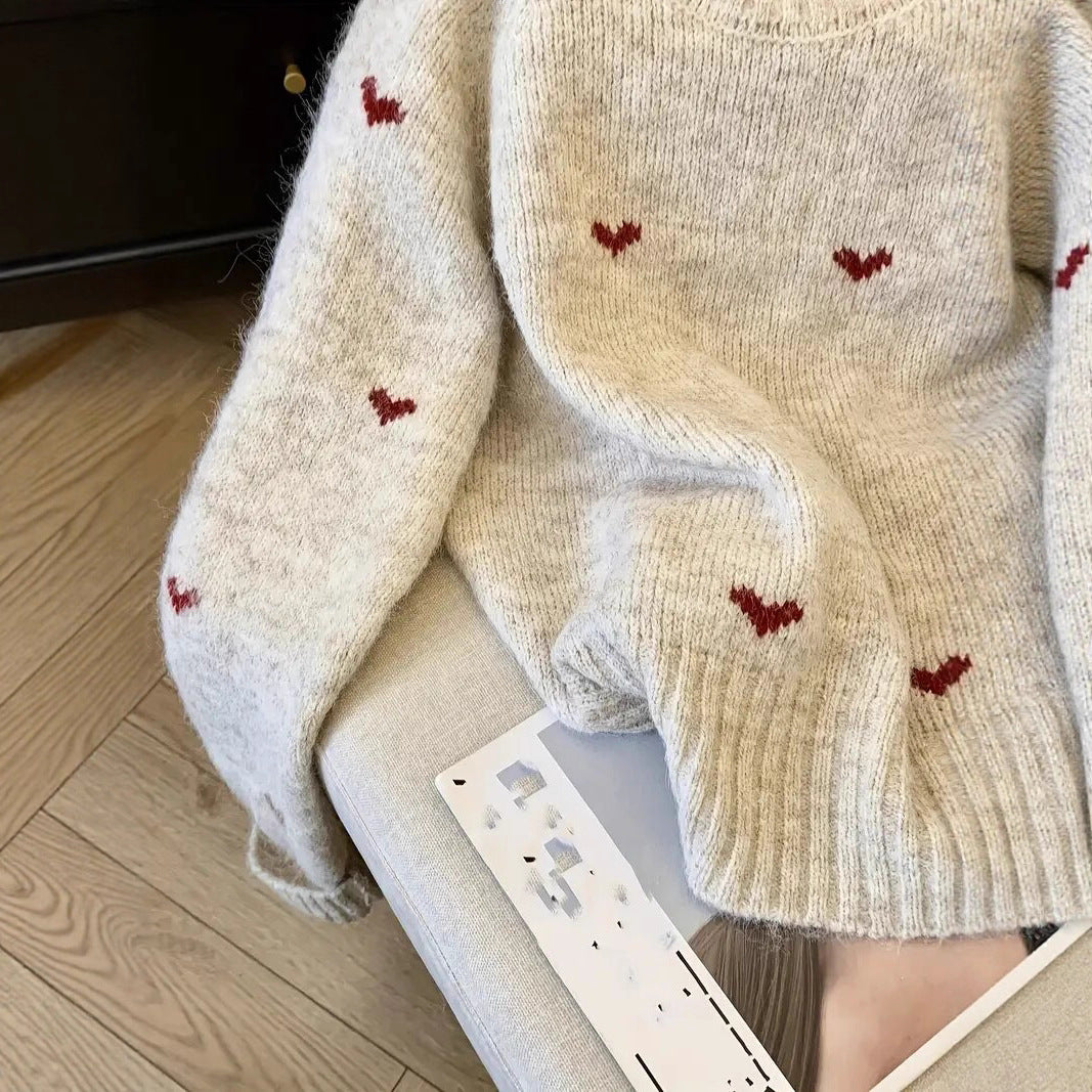 Heart Jacquard Warm Loose Round Neck Sweater