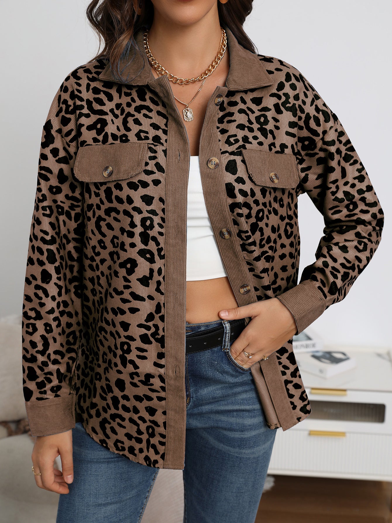 Women's Fashion Leopard Print Button Long Sleeve Coats
