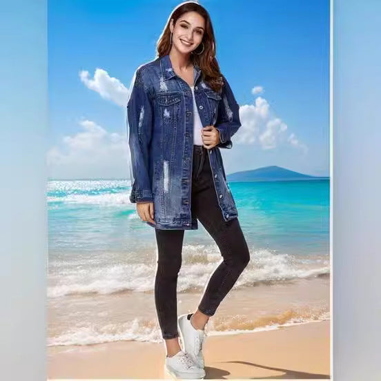 Women's Denim Water Washed Hole Street Hipster Jackets