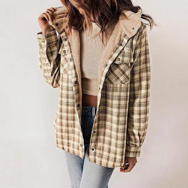 Women's Plush Shirt Casual Plaid Hooded Woolen Jackets