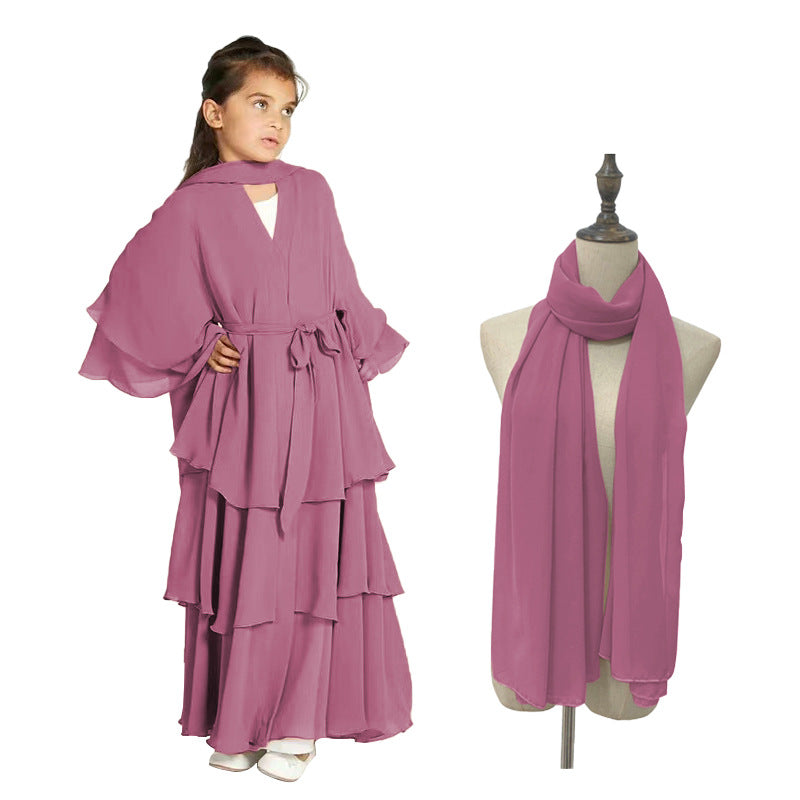 Children's Chiffon Elegant Belted With Scarf Sweet Dress