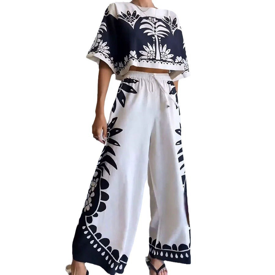 Women's Sleeve Loose Vacation Elastic Waist Two-piece Suits
