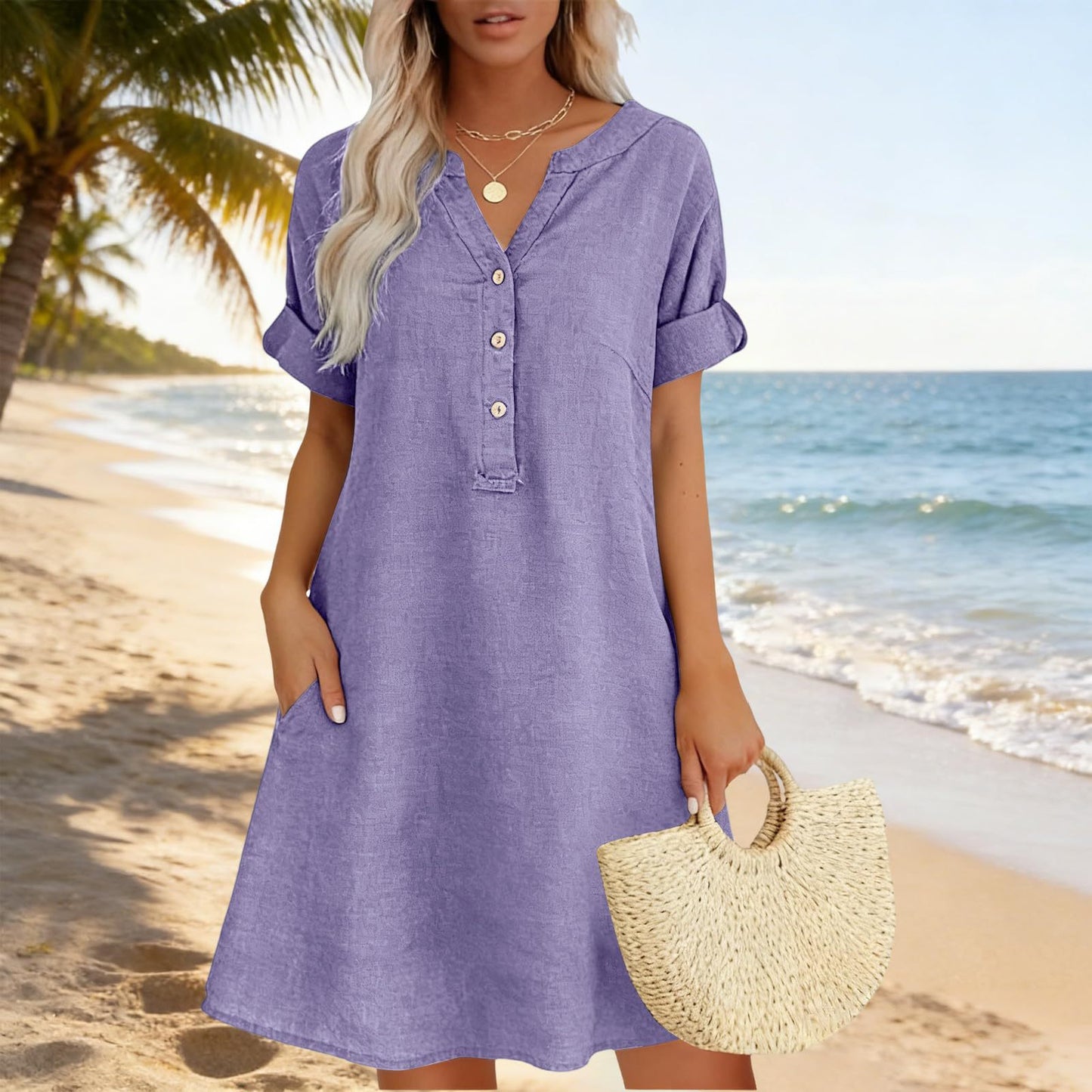 Sleeve Buttons Pocket Solid Color Shirt Shorts