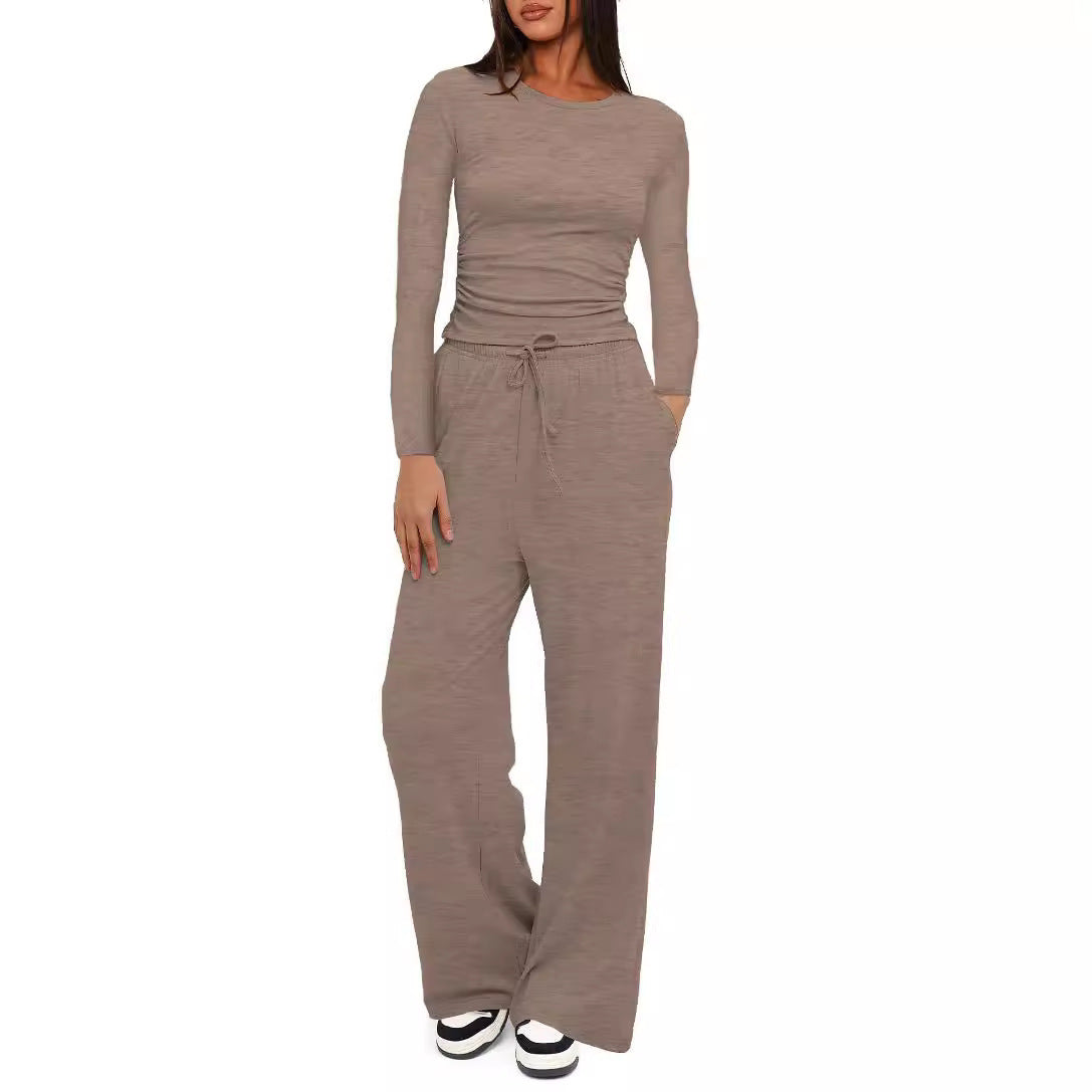 Solid Color Long Sleeves Outfit High Waist Wide Leg Tops