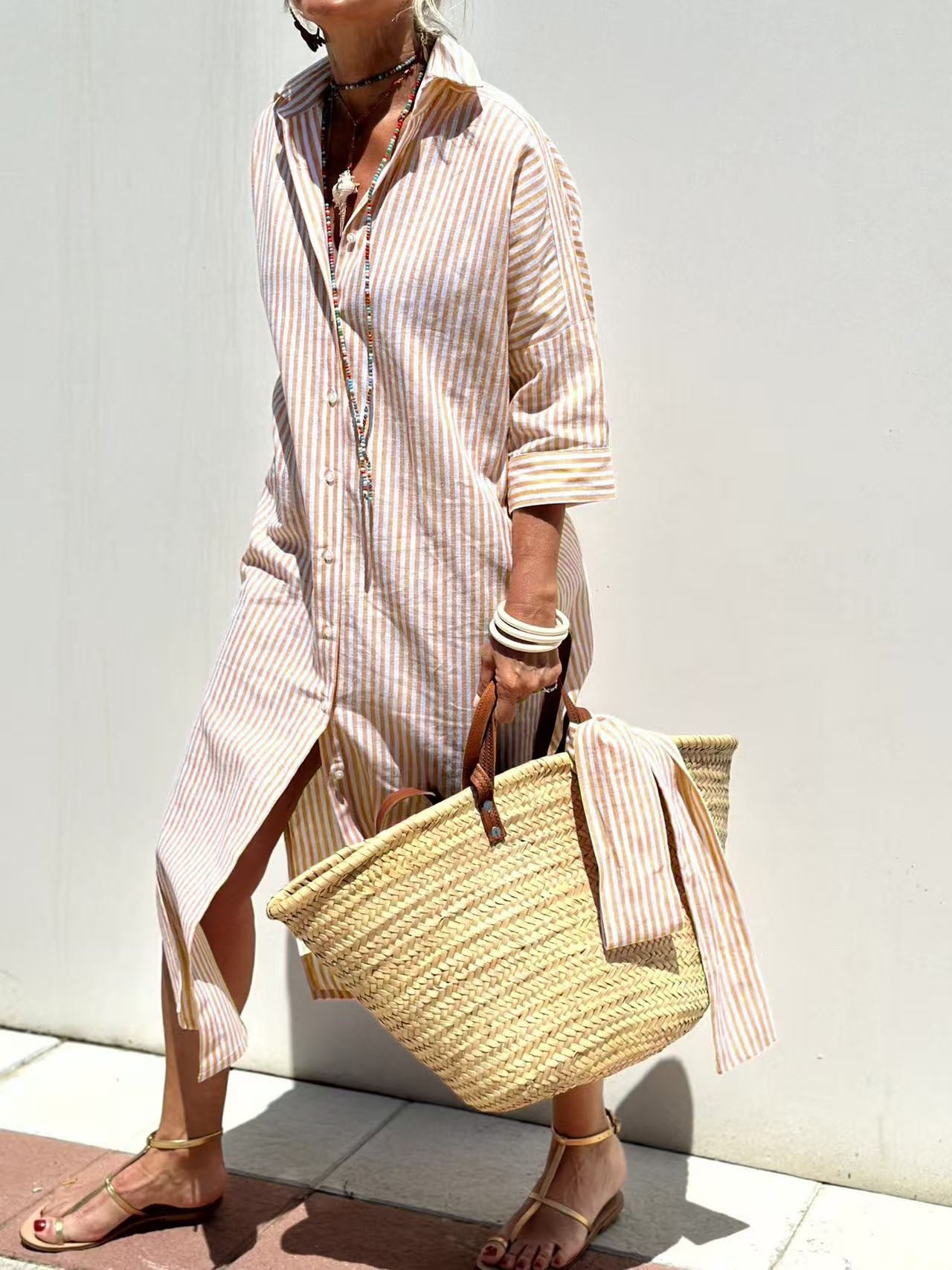 Women's Half Sleeve Striped Lapel Shirt Dress
