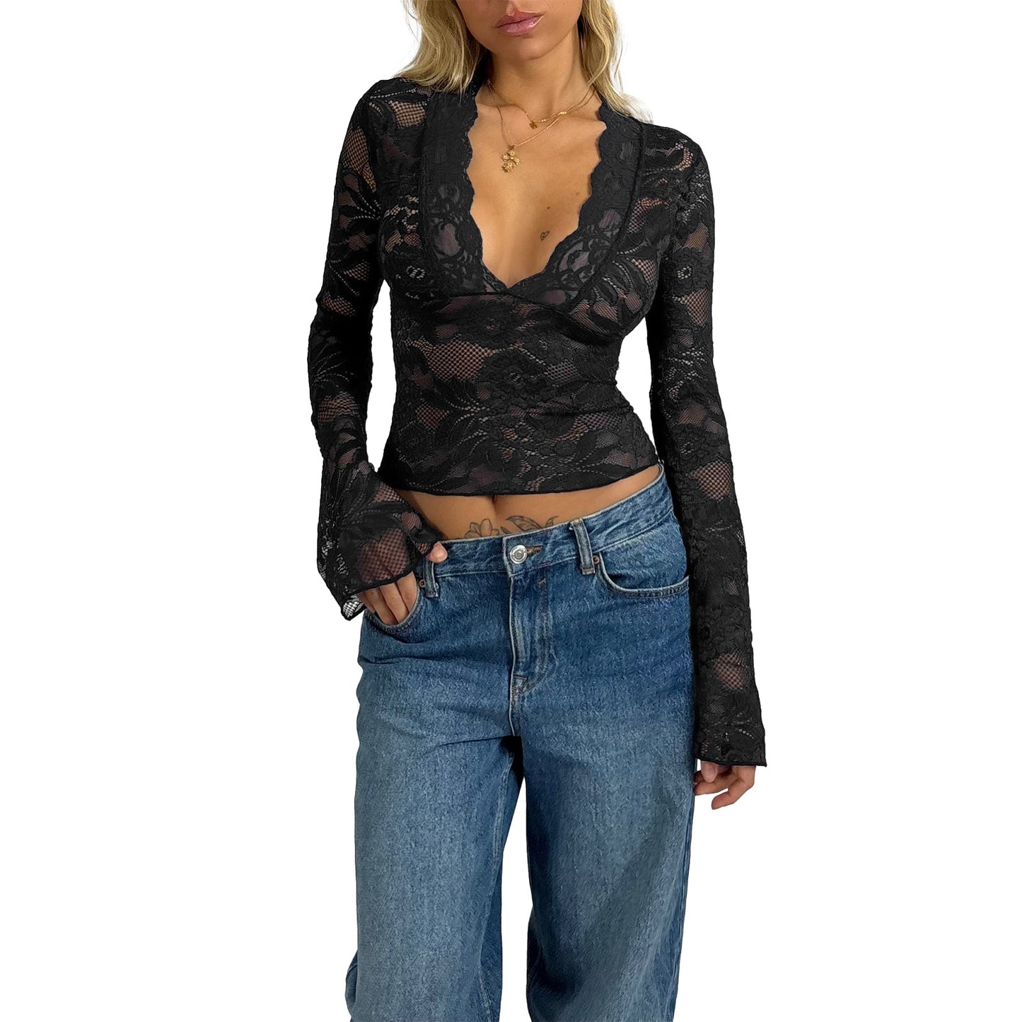 Women's Sexy Deep V Slim Fit Lace Blouses