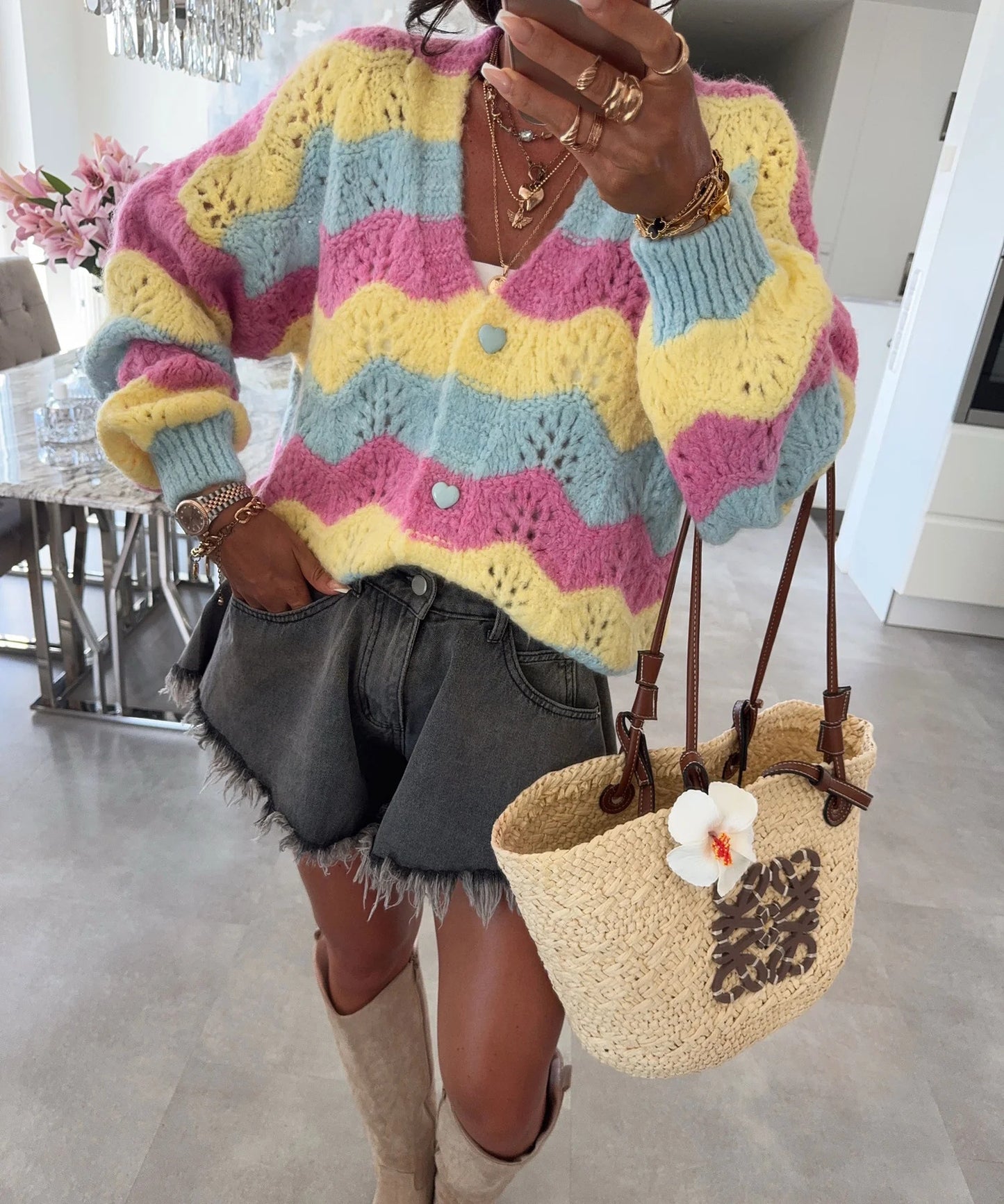 Women's Contrast Color Long Sleeve Single-breasted Knitted Sweaters