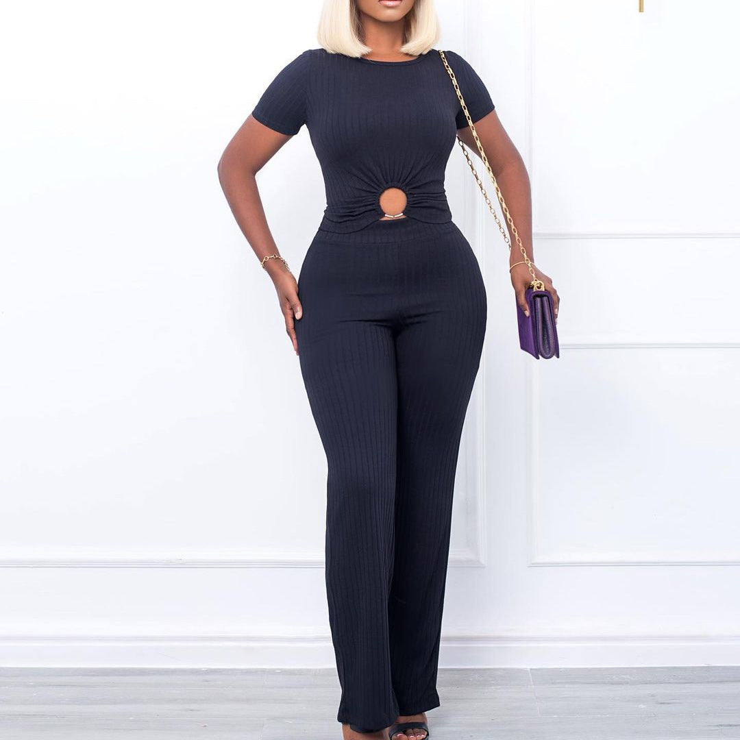 Summer Solid Color Rib Fabric Set Fashion Casual Suit