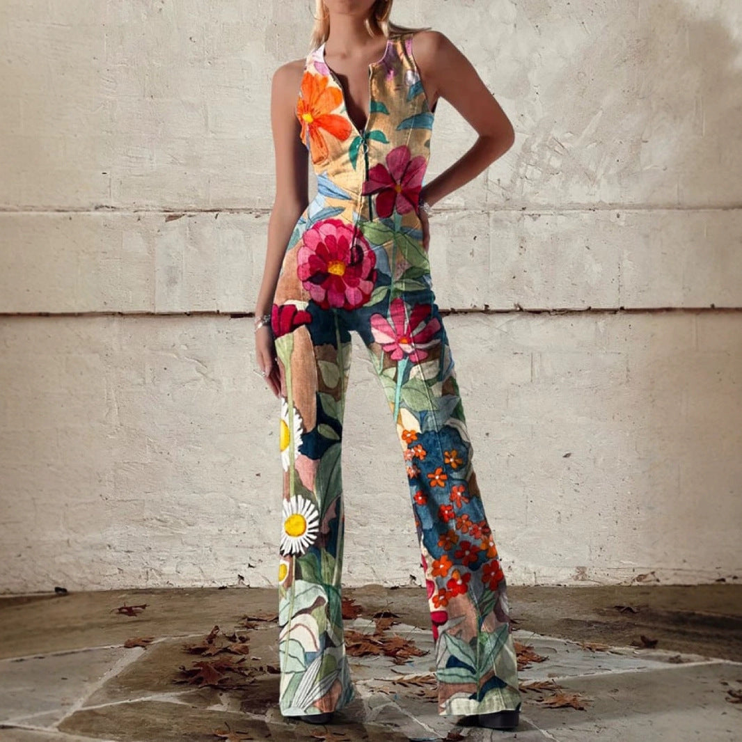 Women's Summer Vintage Print Loose Sleeveless Design Pants