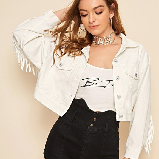 Women's Unique Classy Tassel Denim White Clothing