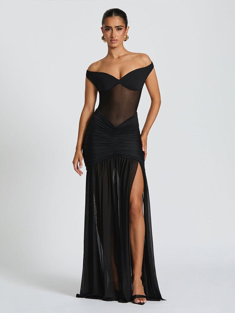 Women's Solid Color Sexy Mesh Stitching Pleated High Slit Dress