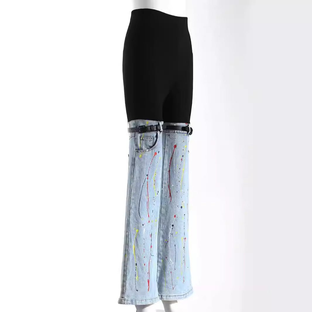 Spring High Waist Stitching Splash Paint Unique Design Jeans