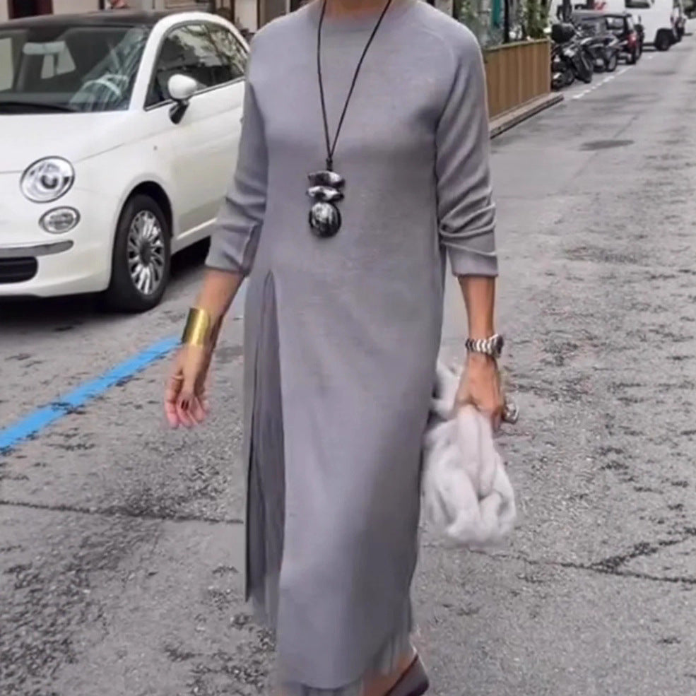 Women's Round Neck Knitted Slit Stitching Mesh Dress