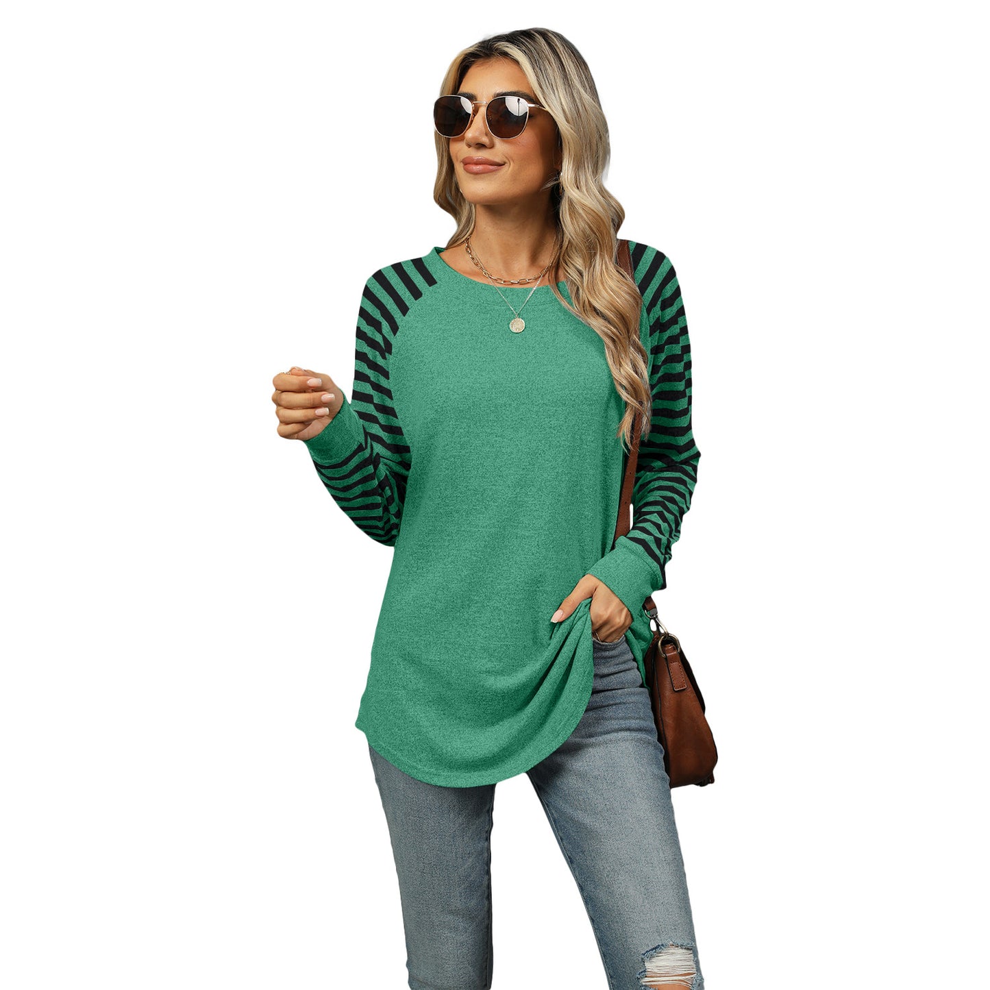 Women's Color Striped Patchwork Round Neck Long-sleeved T-shirt Blouses