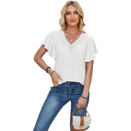 Women's Lace Ruffle Solid Color Loose T-shirt Blouses