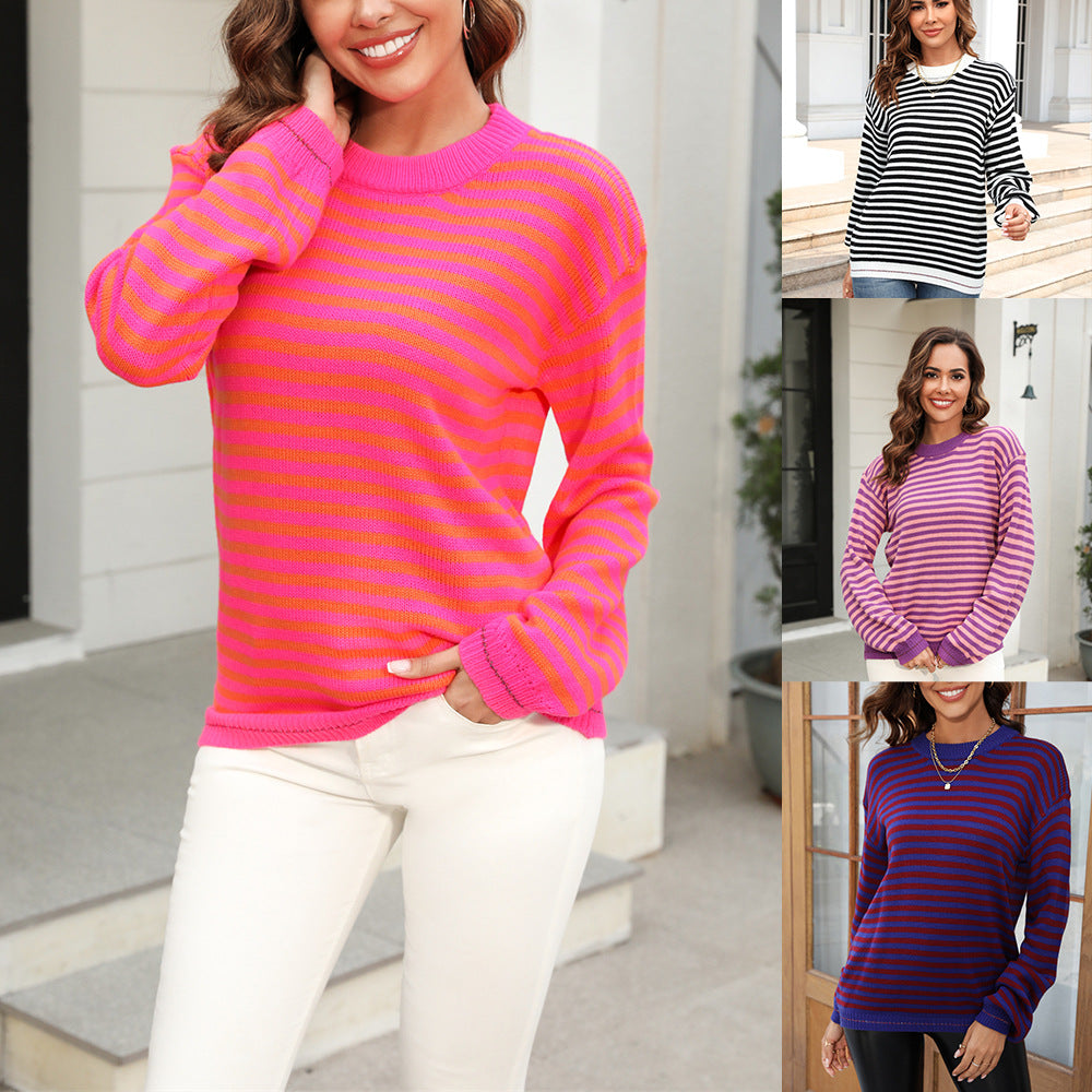 Women's Spring Clothes Stripes Contrast Color Long Knitwear