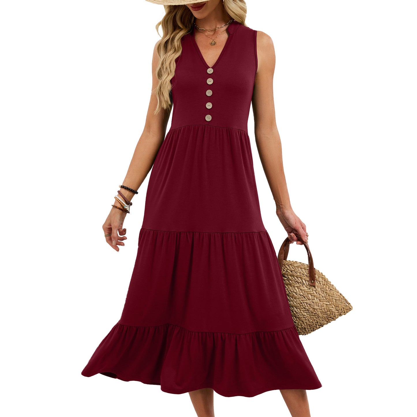 Solid Color Button Sleeveless Long Pleated Dress