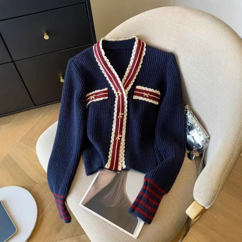 Women's Knitted Clothes French Style Color Matching Outer Wear Tops
