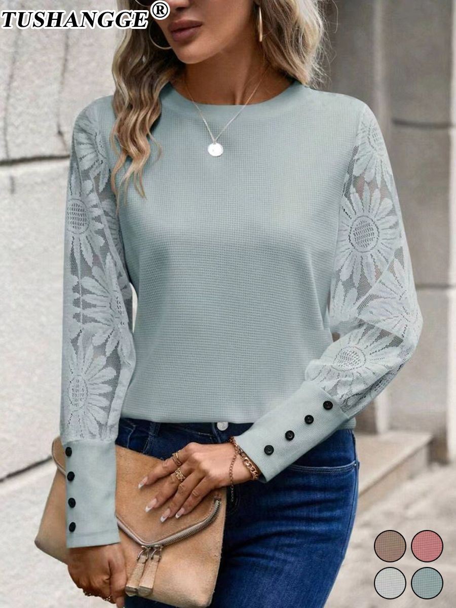 Color Long Sleeve Embroidered Lace Stitching Blouses