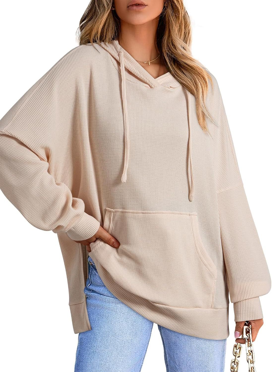 Women's Hoodie Waffle Knitted Side Slit Pullover With Pocket Women's Sweater, Sweater