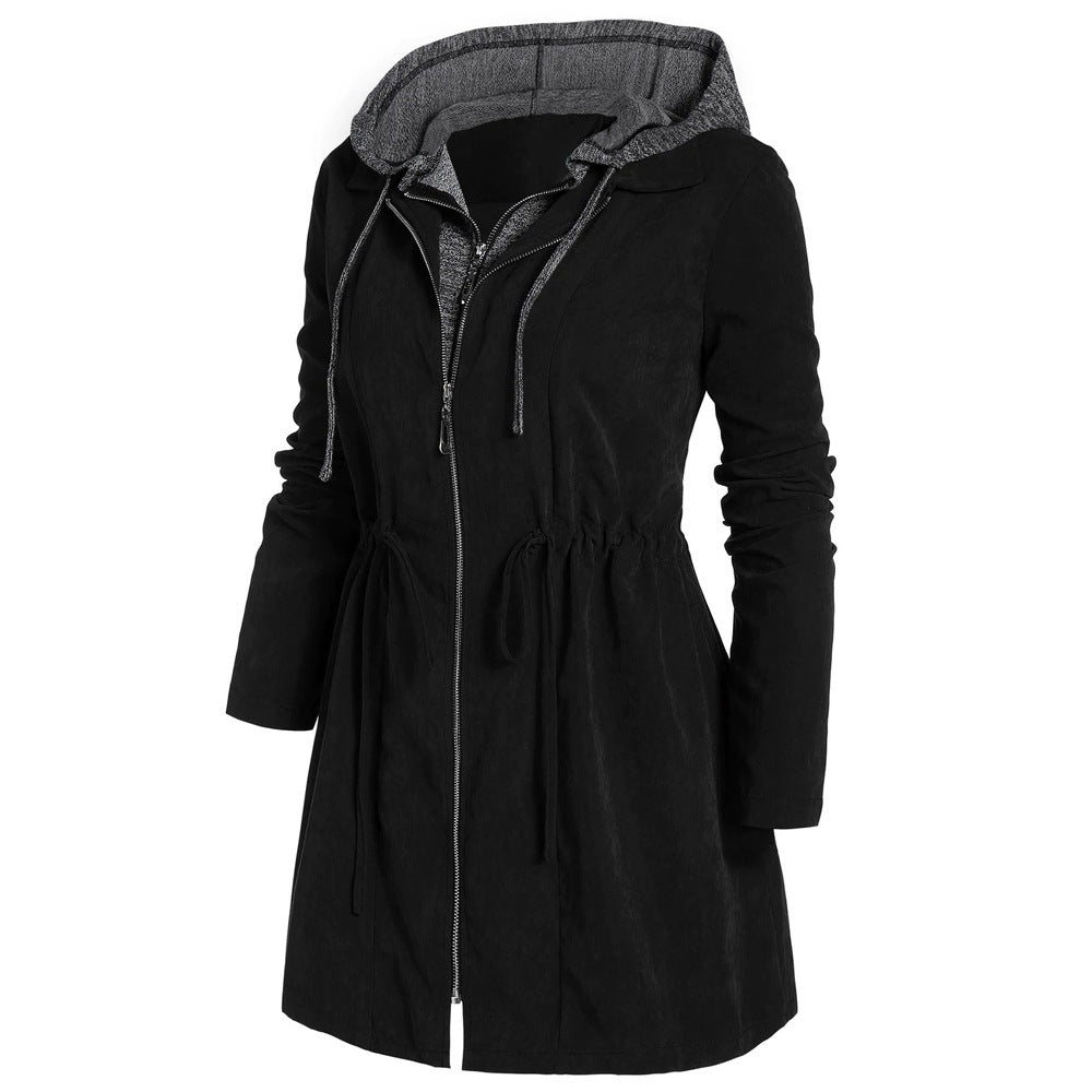Women's Mid-length Zipper Fake Two-piece Hooded Style Coats