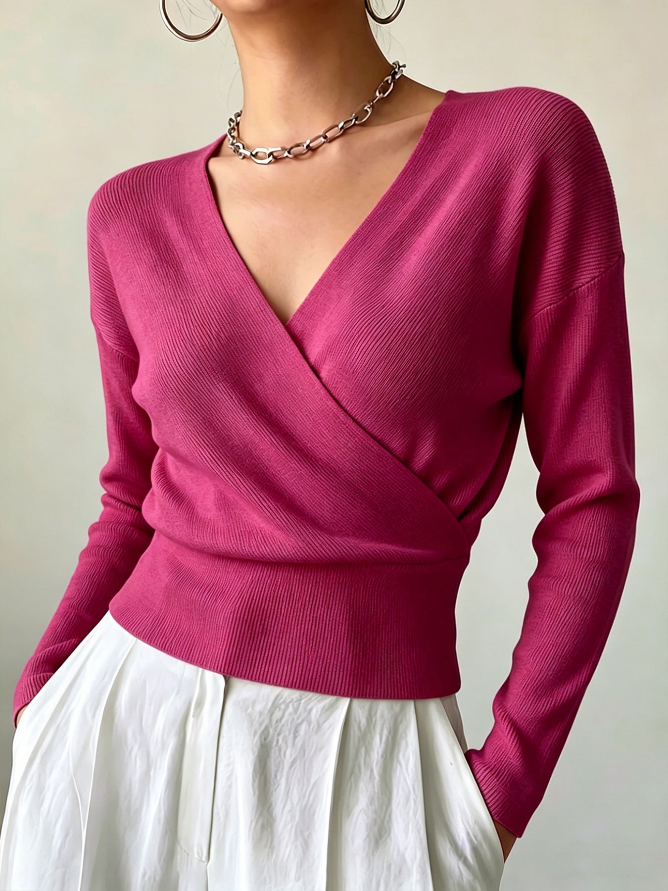 Women's Sleeve Solid Color Fashion Cross Collar Tight Waist Women's Sweater