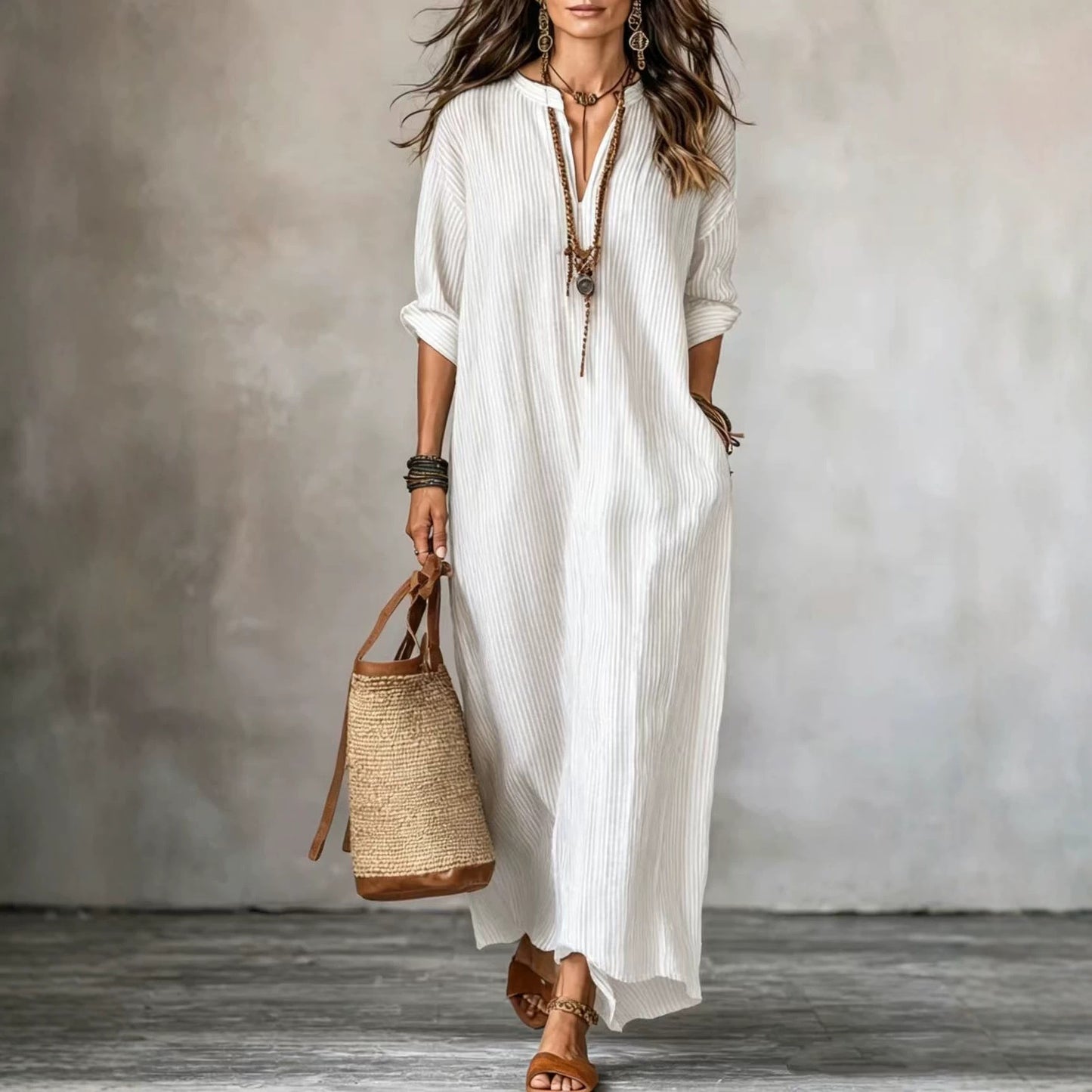 Women's Summer Fashion Sleeve Striped Design Solid Color Dress