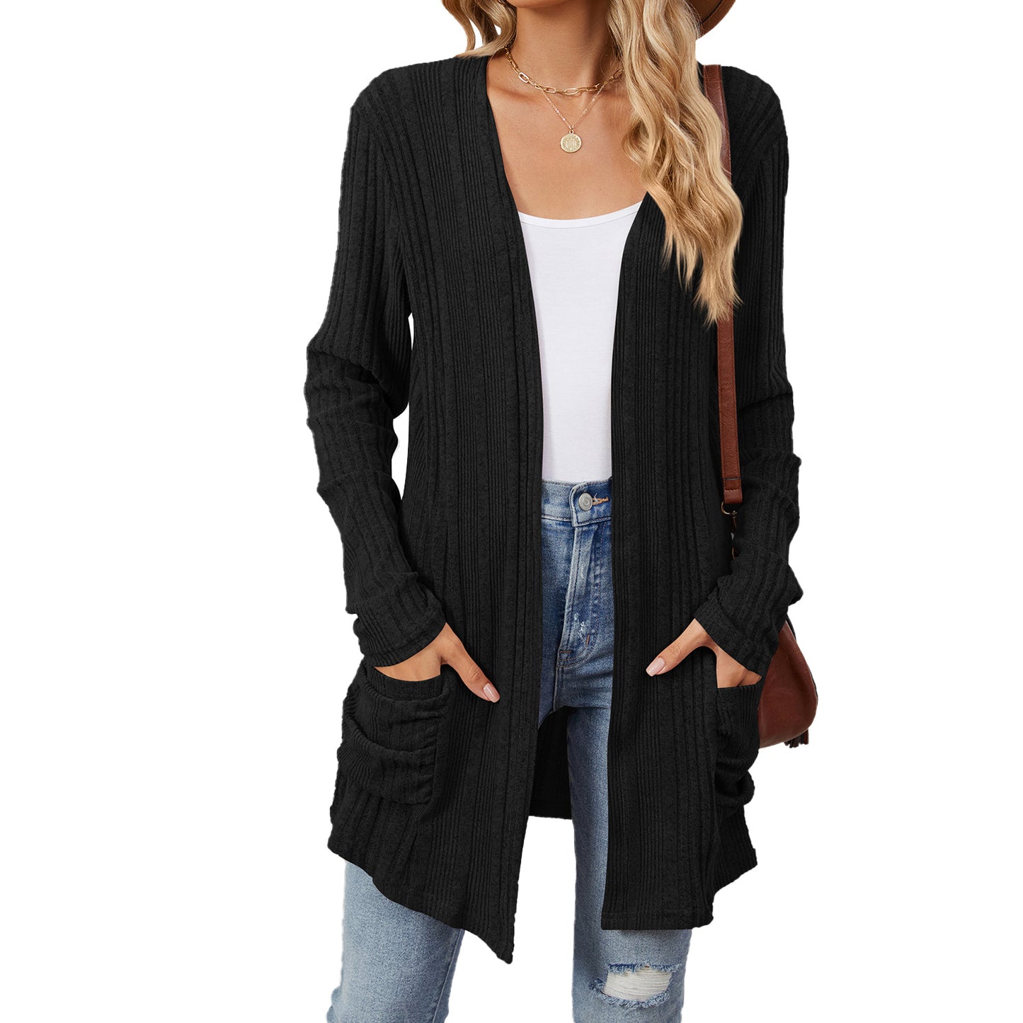Women's Color Rib Fabric Brushed Pocket Long Cardigans