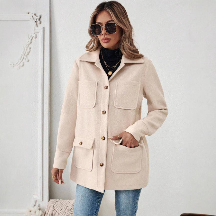 Women's Color Long Sleeve Casual Woolen Wind Coats