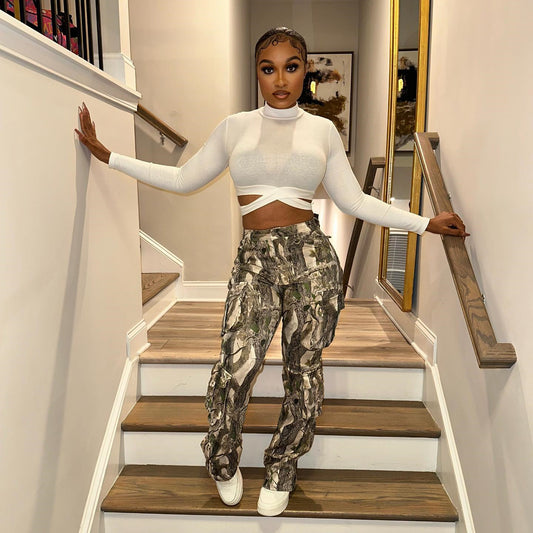 Hipster Stitched Camouflage Printed High Waist Contrast Pants